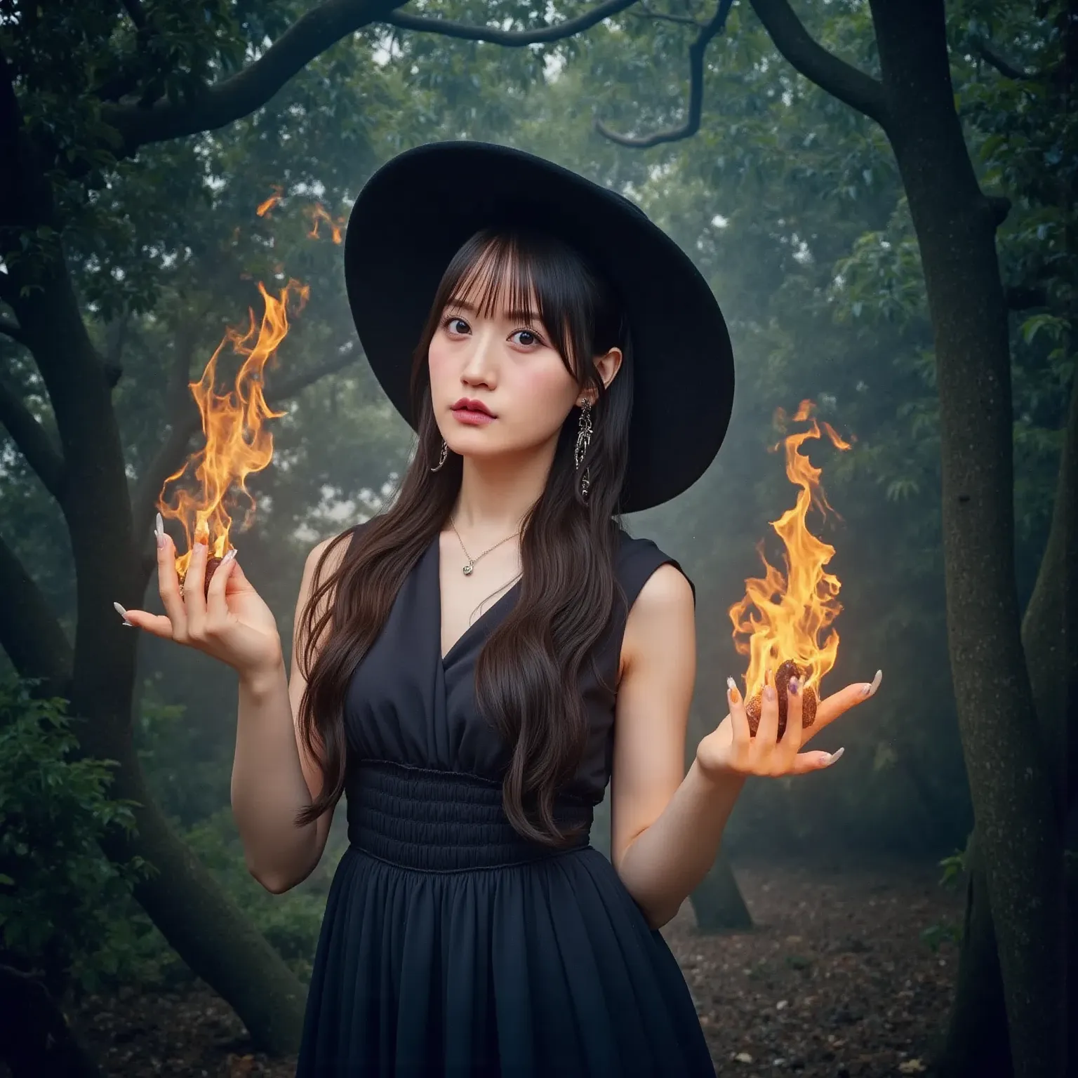 sexy witch wearing a sexy dress and hat,Flames are coming out of my fingertips,In the forest where the background is creepy