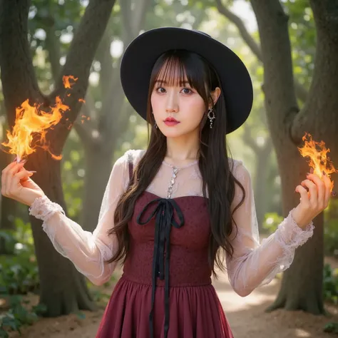 sexy witch wearing a sexy dress and hat,Flames are coming out of my fingertips,In the forest where the background is creepy