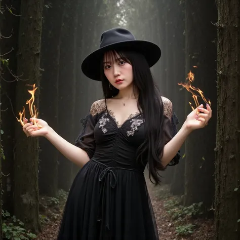 sexy witch wearing a sexy dress and hat,Flames are coming out of my fingertips,In the forest where the background is creepy