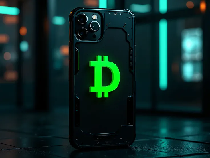 Case on a Iphone 15 pro max with a logo  of Digicoin on it  similar like bitcoin , made black coin with green 'D' in the middle  , acid style , add some future details , drugs colours , high quality detalis , dark mode , high quality , yellow colours , Dig...