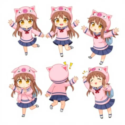 A chibi-style anime character with long brown hair and golden eyes, wearing a pink blouse and blue Japanese school uniform with white stripes. She wears a hat in the shape of a pink pig with googly eyes. The illustration shows multiple expressions and pose...