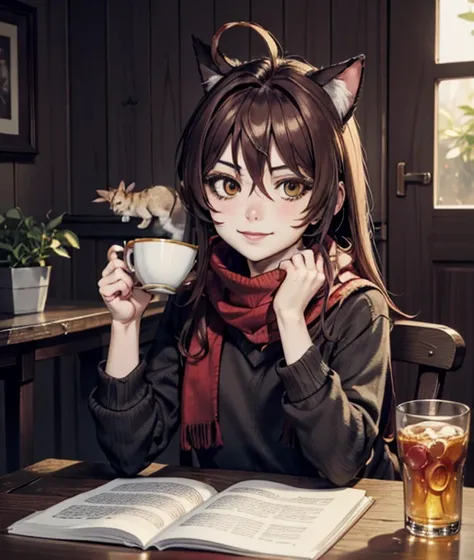 an illustration of an illustration of a young woman drinking tea and talking to a rabbit, 1girl, cup, table, rabbit, fruit, food, steam, smile, blush, scarf, holding, solo, looking at viewer, sitting, brown hair, long hair, indoors, sweater, brown eyes,,ca...