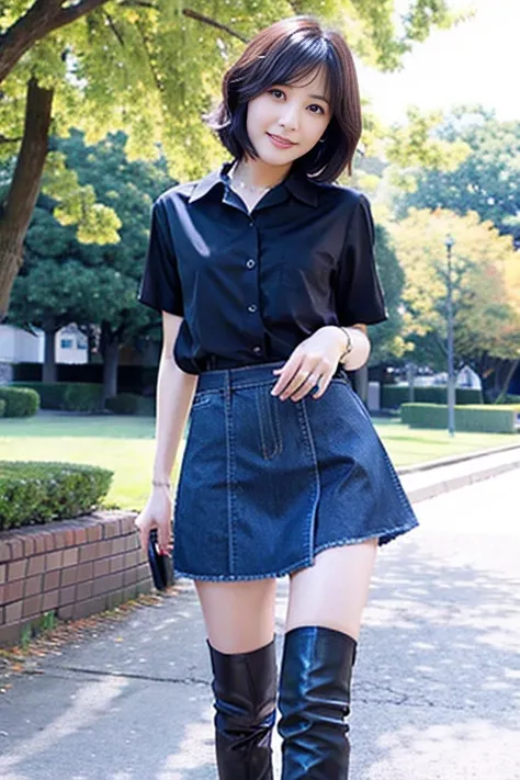 35 year old Japanese woman with short black hair、Open chest shirt and miniskirt、 in the park