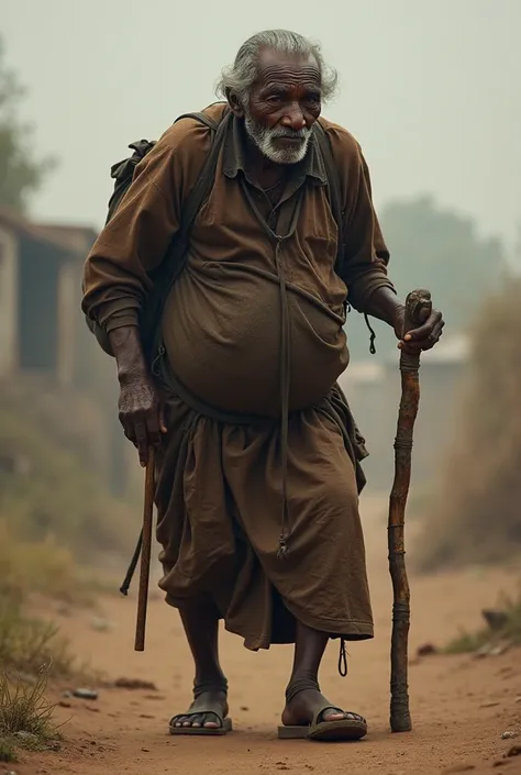 a very ugly old black African woman with a hump on her back walking leaning on a stick