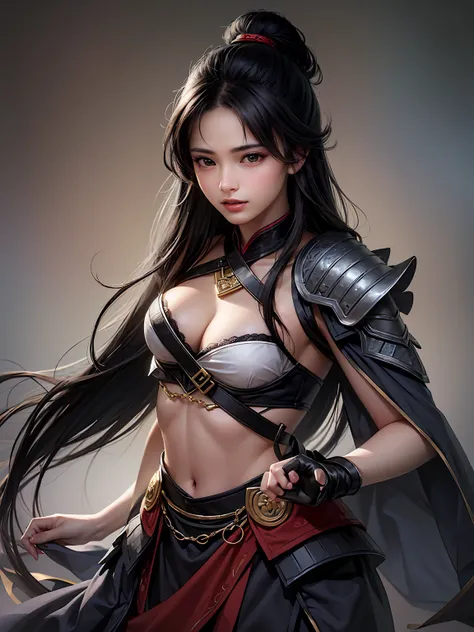 (Masterpiece :1.2, best quality ), beautiful illustrations , (natural side lighting, movie lighting), a woman wearing black armor and a black cloak, 1 person,long hair, asymmetrical left and right bangs ,Cleavage , Thin Waist High Definition Face and Skin ...