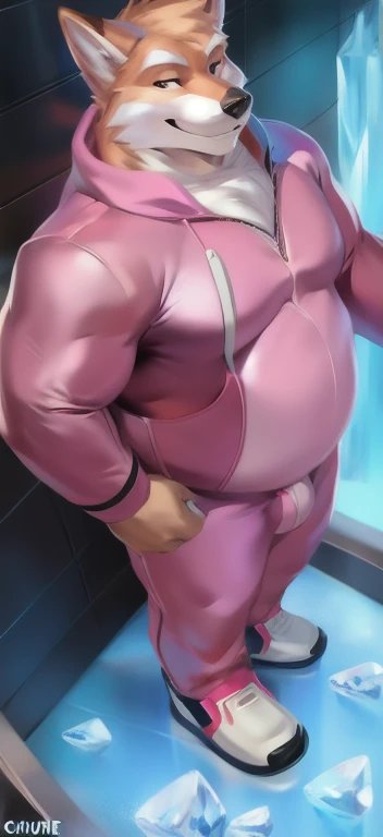   alone  , Male tall  , Big torso  ,stand , Ice,pink fox ,  pink Military Spacesuit,   Overweight  ,   muscle bundle, Smirk, by chunie  