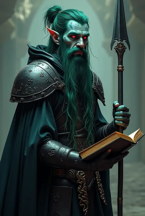 A dark cleric, scholarly man in his 30s, with blue skin, elf ears, long wet mossy-green hair tied in a bun and shaved at the sides. His face is tattooed with runes. His eyes shine with madness. He wears black armour mixed with a robe. The pauldrons of his ...