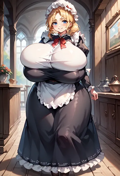 ,thick thigh, wide hips, Socre_9, score_8_up, BREAK 1girl, maria, blonde hair, blue eyes, parted bangs, 1girl, blonde hair, blue eyes, milf, wide hips, mob cap, puffy sleeves, white frilled apron, black dress, golden crescent print on apron frills, maria's...