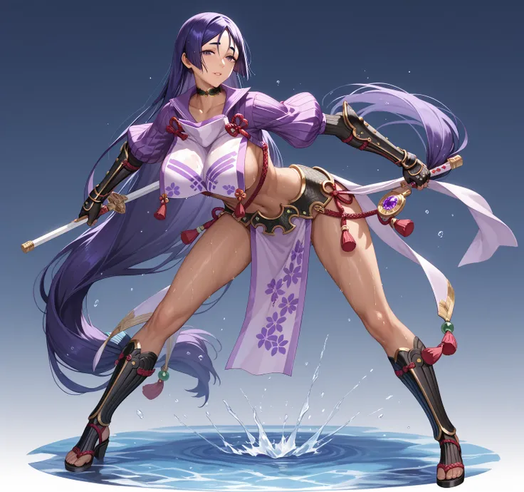 (( top quality)), (( Masterpiece)), ( Details),  sexy,  ecstatic expression, full body figure, 1 girl, big breasts, leaning forward, choker, navel, stomach, thighs,
, collarbone, midriff, raikou, parted bangs, purple eyes, purple hair, long hair, hime cut,...