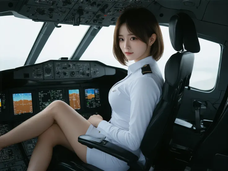 final fantasy style, kazuya takahashi's master piece, in the seat, beautiful, Alluring, masterpiece, top quality, , ,brown , short hair, (( big breasts, deep cleavage at the tip of the nipple)), actions, sexy long legs, ((full body shot)), JAL female p...