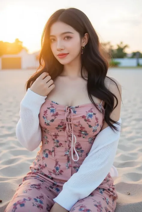   A beautiful woman with gyaru makeup,  with long hair, wearing long chest dress covered in dark pink floral print, wear a white cardigan, Sitting and posing Santay ,   afternoon beach background and there is sunset ,  With a smile , Cheerful posing ,  bea...