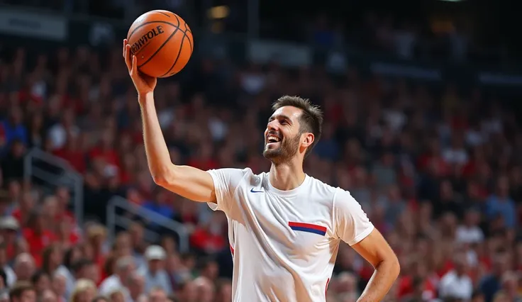 Une photo très réaliste en haute définition, du basketteur Nikola Jokic, basketteur serbe, il fait tourner un ballon de basketteur  dans sa main droite, il nous fait un grand sourire, il nous regarde de face, il a un teeshirt blanc avec un petit drapeau se...