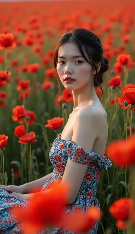 Tip: A vast field of poppies, with a young woman with porcelain-like skin sitting gracefully in a colorful floral sanctuary. Her dress was decorated with an intricate pattern of blue, red and white that blended in with the flowers cascading around it. Her ...