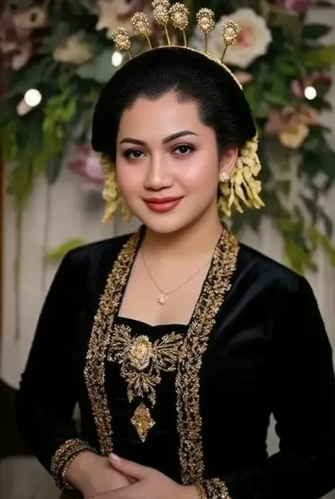 (masterpiece, best quality:1.2), 1girl,  black kebaya Javanese Traditional,, with handsom man midbs , wearing black beskap and batik sarong brown white, windblown black fabric, combined with a background of a luxurious decoration of a wedding stage with fl...