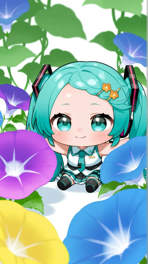  photorealistic、Chibi Miku （smile、 hairpins、 Hairstyle that shows a large forehead 、Hairstyle split in the middle ）、 take a walk in the garden where colorful morning glory flowers bloom、Morning Dew