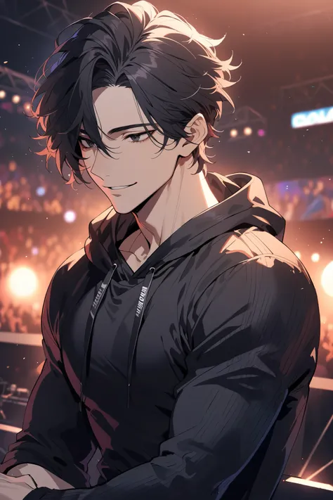 1 handsome male,  short ruffled messy black hair, black eyes, languid gaze, 30 years old, high detaiL, perfect eyes, look away, solo, sexy confident smile, sexy, good posture, sporty black hoodie, look away, concert stage background, athletic body, badass ...