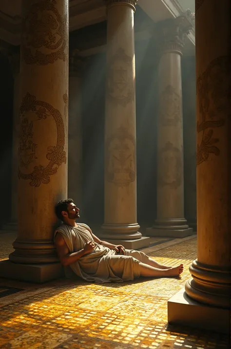 Greek man lying on a golden mosaic floor with surrounding columns and symbol of freemasonry on the columns,  dark environment 