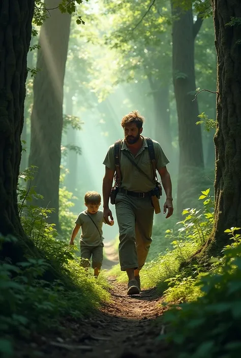 A father in the middle of the woods looking for his son 