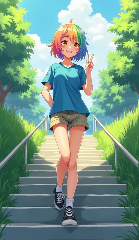  Masterpiece,  top quality,  Hi-Res,  Very Detailed,(((Pretty girl with rainbow hair))), ((( Japanese anime))), ((( short hair))), ((( blue jersey))), (((cute girl with pink hair in khaki shorts ))), (((White socks))), ((( black sneakers ))), (((In a moder...