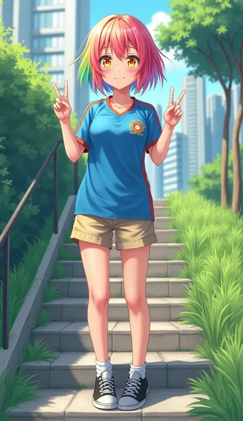  Masterpiece,  top quality,  Hi-Res,  Very Detailed,(((Pretty girl with rainbow hair))), ((( Japanese anime))), ((( short hair))), ((( blue jersey))), (((cute girl with pink hair in khaki shorts ))), (((White socks))), ((( black sneakers ))), (((In a moder...