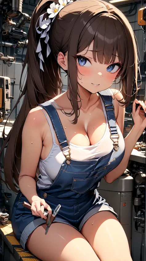  top quality、 detailed、 masterpiece、 full body、 one girl,  blue eyes, brown hair、 straight long hair、 ponytail on panty、white floral hair accessories, tank top, overalls、tool, machine room, Masterpiece,  top quality,   is ridiculous,sweat、sweatを拭う仕草、 cleav...