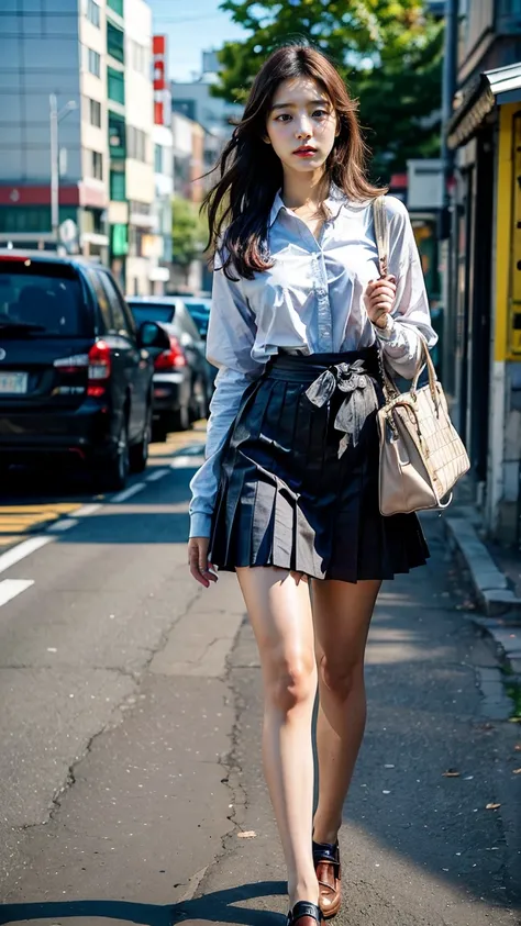 a beautiful 18 year old Japanese high school girl with perfect anatomy, healthy thighs, beautiful legs, beautiful skin, random hair color and style, large breasts, (wearing a Japanese schoolgirl uniform:1.3), (she is standing:1.2), penny loafers, holding a...