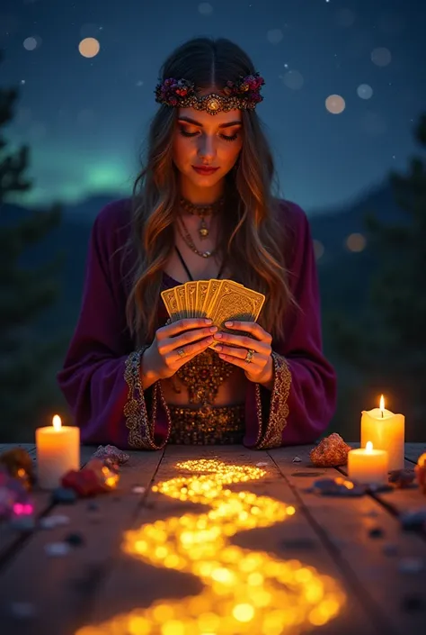  a mystical gypsy woman with vibrant costumes in shades of purple ,  gold and burgundy .  She is standing next to a dark wooden table ,  under a starry sky ,  with a faint aurora in the background .  She holds a deck of old cards that emanate a soft golden...