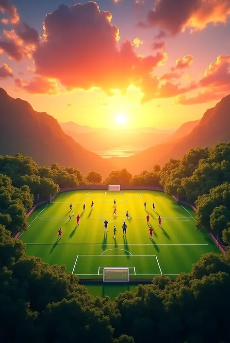 A soccer field in the center with a beautiful sunset 