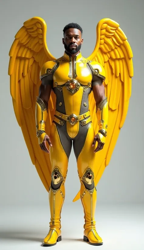   Realistic full body photo of a handsome man , muscular,  hair and short beard, fractal archangel  .Unreal Engine,  extremely attractive man wearing yellow jumpsuit,  citrine and gold jewelry , large wide wings in a closed position and bright,  intricatel...