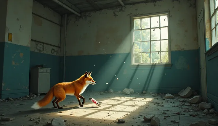 The Run Run fox is hiding in an abandoned school. His bandage ,  loose and bloodstained ,  hangs from his wounded leg .