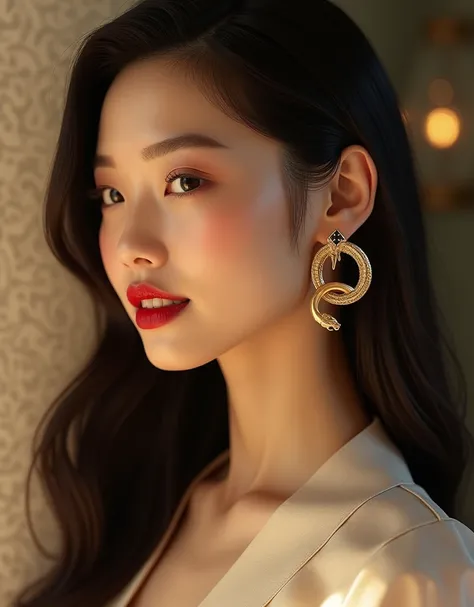 The earrings are asymmetric ,  with a modern and intriguing design ,  a golden serpent in the shape of a medium ring ,  with a minimalist texture and a small black diamond on the top of her head,  that is on the ears of a beautiful elegant and graceful you...