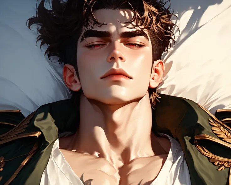   1st son,  masterpiece top quality , from above,  matted hair in sleep,  lying down , Homoerotic , One person,  alone, one male,  alone, adult, mature,  tall, muscular man,   broad shoulders,  handsome,  short brown hair ,  red eyes, ( angled jaw, Thick e...