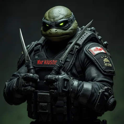 Special forces emblem. Include a badass black ops Turtle donned in black combat armor. Double weilding Ka-Bar knives, in a combat stance. Include the name "Markiustis" on his chest armor. Glowing green light, steel, cool turtle, Spec Ops logo. Include the ...