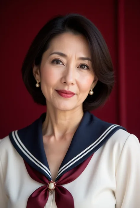 52-year-old Japanese woman、Glamorous makeup、 classical roll up style like a Hollywood actress。
 close-up、 Hi-Res、Realistic、 surreal、 Unmatched Beauty 。
 traditional sailor suit、 white blouse with dark navy collar 、Burgundy ribbon for an elegant impression ...