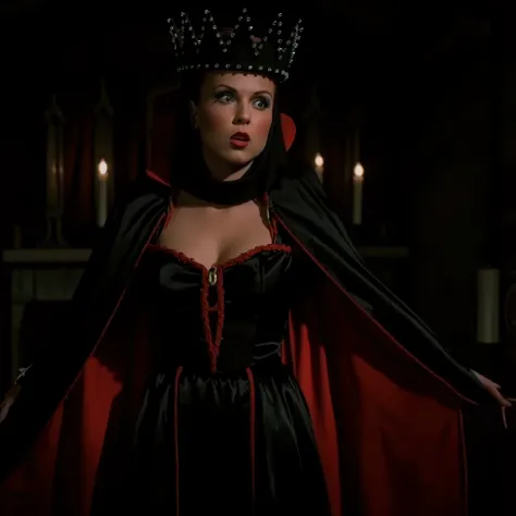 cinematic closeup film still of Evil Queen a Long shot of a surprised woman with Huge Wide Bulging Eyes , Very busty in a black costume, Long Black Satin Cape with red satin Lining and a black crown with wide staring eyes and a shock expression on her fac...