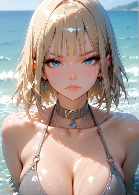 masterpiece, best quality, 1girl, solo, s4mui, blonde hair, medium hair, bob cut, blunt bangs, blue eyes, large breasts, grey choker, halterneck, grey one-piece swimsuit, fishnet top, partially submerged, looking at viewer, ocean, blush, frown
