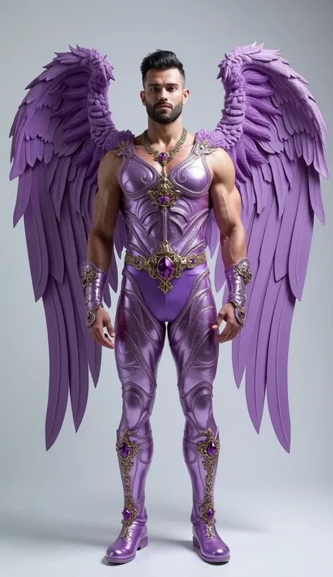   Realistic full body photo of a handsome man , muscular,  hair and short beard, fractal archangel  .Unreal Engine,  extremely attractive man wearing lilac jumpsuit,  violet amethyst and gold jewelry , large wide wings in a closed position and bright,  int...