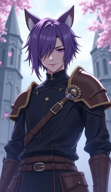 Illustration　Purple HAIR mesh MAN AND BLACK SHIRT IMAGES,  Final Fantasy 14 FF14 Heavensward, FF14, Miqote , 1 boy,Cat ears,Dragoon,Illustration,SHORT HAIR SIDE SHORT ,armor, Ishgard in Soten, Church in the background of the upper body 前髪　One eye is hidden