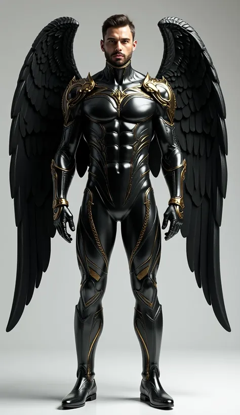   Realistic full body photo of a handsome man , muscular,  hair and short beard, fractal archangel  .Unreal Engine,  extremely attractive man wearing black jumpsuit,  black onyx and gold jewelry , large wide wings in a closed position and bright,  intricat...