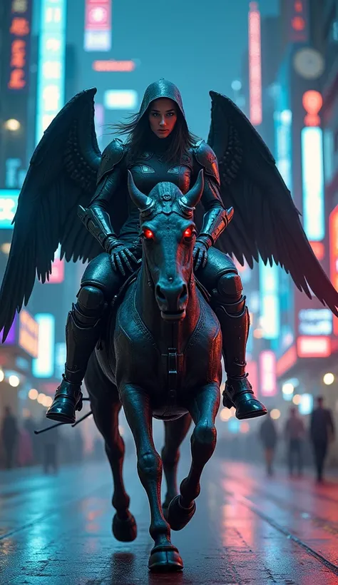 dracula man & woman use robotic cyborg lighted armor with demon and angel wings in the city, drive the horse devil, realistic, 8k, neon 