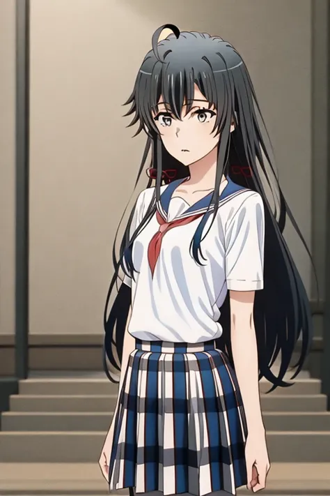  good quality , excellent quality, aayukino ,  long hair, Ahoge,  headband ,  collarbone,  neck strap,  white shirt pants,  short sleeves, plaid skirt,  masterpiece,  better quality, uniform jk