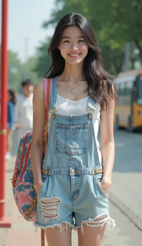 Wide angle, realistic image, young Asian woman, youthful face, realistic image, black hair, beautiful wavy hair, thick eyebrows, pinkish white face and body, pink lips, cute oval face, wearing a ripped short overall, revealing a beautiful chest of appropri...