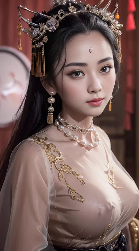  masterpieces,   Games,  1 girl , (( Big Breasts )， Long hair，( in translucent black silk Siamese style)，(On clothes，There's a pearl ，Three circles , )，Look at the audience, (precise、 perfect face figure :1.3)，（Beautiful fingers），(Front target display)， Ul...