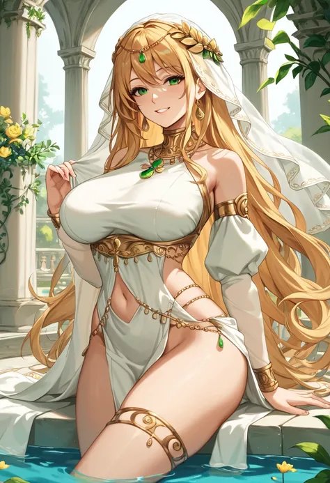 score_9, score_8, score_7, score_6,   source  _    animated, 1mature_FE, 1 woman, goddess, golden aura,   Smile, golden hair,   Very long hair, golden diadem,   shiny green eyes , white tunic, Gold ornaments ,   thigh neckline  ,  long neckline ,  white cl...