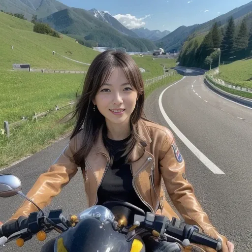 (A scene in which a woman enjoys cornering on a naked motorcycle:1.5), wearing a colorful rider jacket and riding boots.In the background is a mountain pass road in Japan.The scenery emphasizes the winding lines of the mountain pass road and the surroundin...