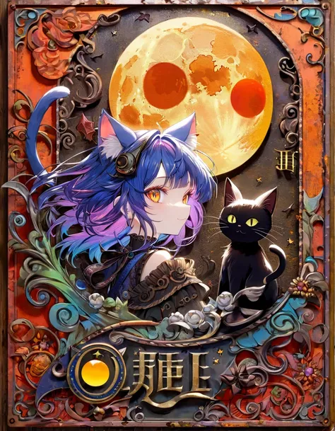 decorative rusted metal sign with devil cat and moon, Dave McKeanからインスピレーションを受けたアートワーク,  vibrant colors,  intricate details, Oil.
