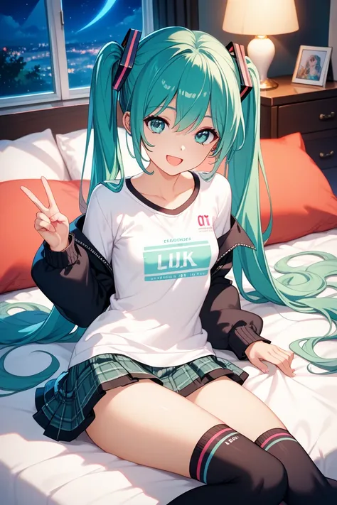 vocaloid,Game cg,illustration,ultra-detailed,masterpiece,animation,high quality,1girl,very young,15years old,hatune miku,twintails,blue green hair,long hair,{{very cute}},slender,breasts,small breasts,long sleeve,v neck shirt,miniskirt,black thigh high soc...