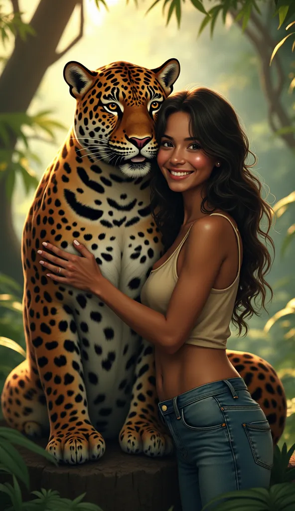 inspired by Sudarto Hs
An Indonesian WOMAN, friendly-looking in a loose sleeveless shirt and jeans, is being hugged by a large, tame JAGUAR. The jaguar looks calm, with its gleaming torso, and a friendly expression. The woman smiles happily, hand stroking ...