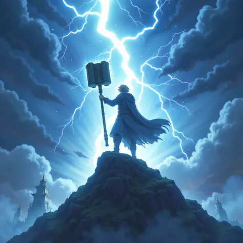 "An anime god of thunder wields a massive glowing hammer, standing atop a stormy mountain as lightning crackles around them. Ethereal runes float in the air, and a celestial temple looms in the background. Inspired by anime adaptations of mythology with di...