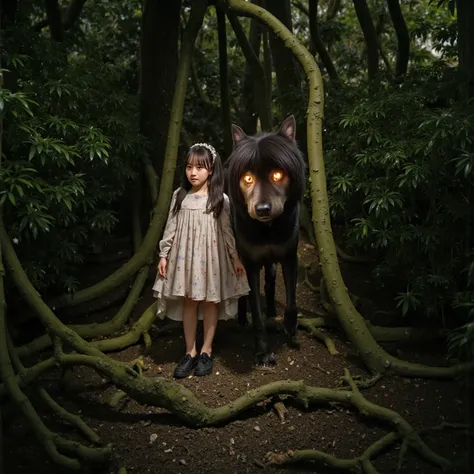 A girl and her pet Hell guard dog Cerberus are standing in the woods
